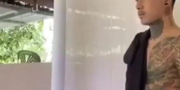 Sexy tattoo Thai gay make love in public toilet