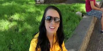 Busty chick in stockings masturbates in the street