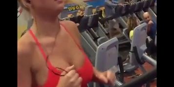 NO BRA busty petite bouncing big boobs in slow motion on treadmill 