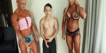 2 big muscular girls vs a little guy...