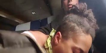 Thick sexy ebony slut sucks dick and bends over for a creampie on the train