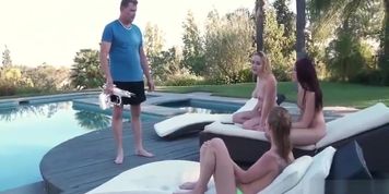 Sunbathing teens fuck a voyeur