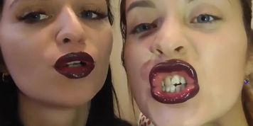 Lesbian lipstick kissing and teasing tongue/lips fetish