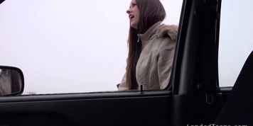 Stranded teen hitchhiker gives blowjob (Rebecca Volpetti)