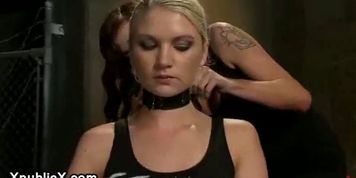 Bdsm blonde with blackout contact lenses fisted in public bar