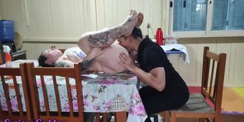 Curious goddess milf housewife licks hairy pussy on dining table - hot amateur sex