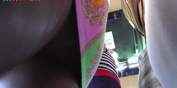 Lilac belt up petticoat of bus passenger