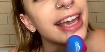 Pierced cutie cums on the bathroom 