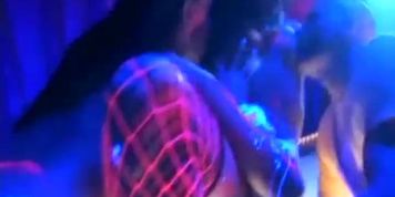 Brunettes on stage have a MFF threesome in fishnet lingerie and h (Roxy DeVille)