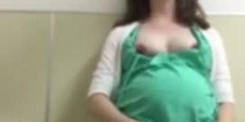 Pregnant receptionist is too horny, sneaks into bathroom