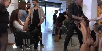 Brunette slut banged at hairdressers