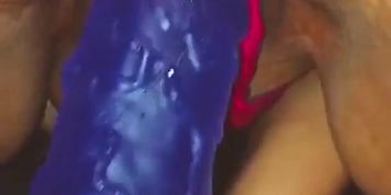 Cum dripping pussy riding HUGE dildo!  (Purple_bitch)