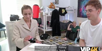 Blonde Russian Tutor Canceled the Lecture and Fucked 2 Students at once