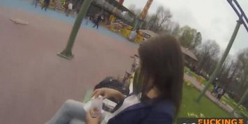 Cute brunette sucks on big dick