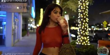 Walking in City with Sheer Top and without Panties