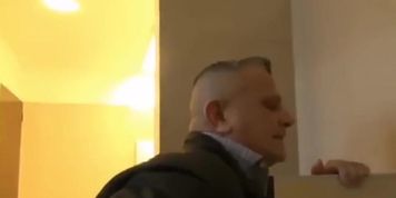 Two chubby daddies screw in the toilet