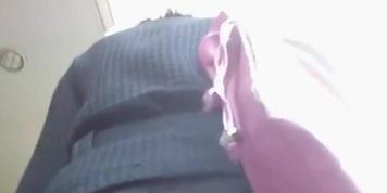 Slutty blonde in sexy stockings followed by an upskirt voyeur