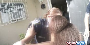 Black fugitive is getting his cock sucked by two stunning female cops