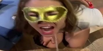 Teen school girl drinks daddy&rsquo;s piss and sucks dick