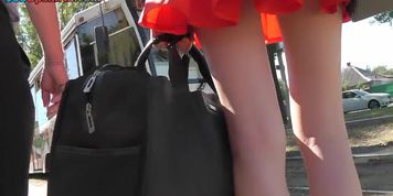 Red head girl wears classic pants in upskirting video