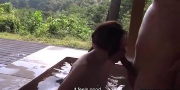 Behind the walls of trees Asian gets fucked