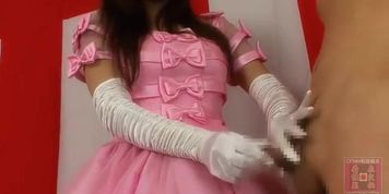 Japanese girl satin dress & glove fetish