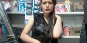 Brunette has orgasms in market