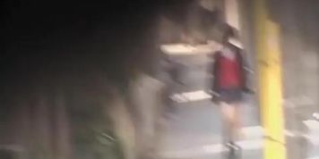 Splendid little schoolgirl flashes her beaver when some guy grabs her underwear