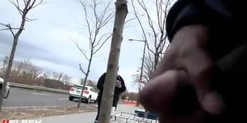 Bus stop dickflash for two mature with cum