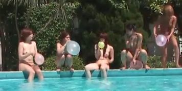 Stunning teen jap dolls playing sex games in lesbo pool orgy