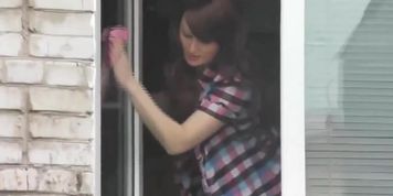 Naked mother washes window son spies on mommy. Naked in public. Spying Spycam