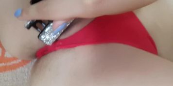Hot teen play with her dark pussy lips in red panties