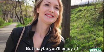 Loving babe Belle sucks cock in public