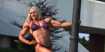 Gorgeous jacked blonde flexes in contest shape