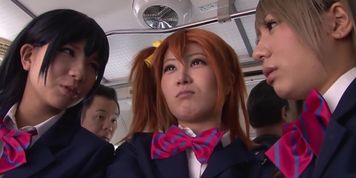 Group Chikan on Bus 3 School Girls couldn't Resist Temptation