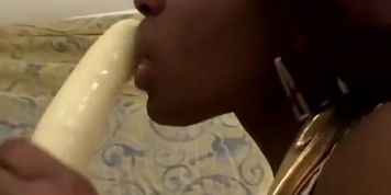 Black chick gets dildo and long dick in booty