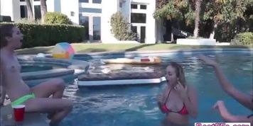 Group sex action by the pool with these horny teens