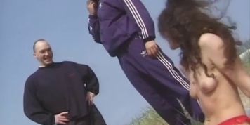 Three guys fuck a hairy pussy woman outside on the beach (Isis Taylor)