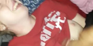 Pinned my roommate down and beat my cock on her chest