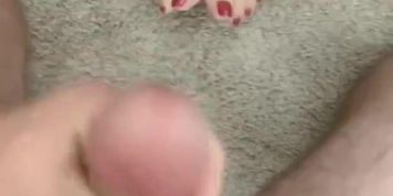 Cumming on skinny wife&rsquo;s sexy, long red toes