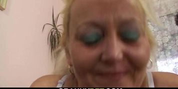 Old blonde woman enjoys riding his horny dick