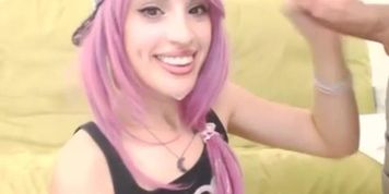 Purple haired cutie sucks dick and swallows hot jizz
