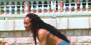 Bound ebony fisted and fucked in a public crowded bar