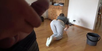 Love to watch how my maid is washing floor and jerk off
