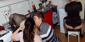 Horny MILF pounded in the kitchen in hardcore threesome live at sexycamx.com