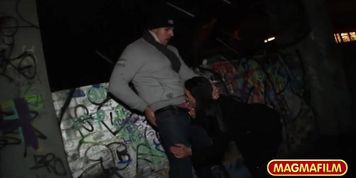 Big dick German threesome blowjob and outdoor screw