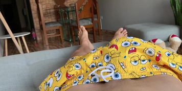 Hot latin guy jerk off in the couch POV till he cums wearing spongebob's pants