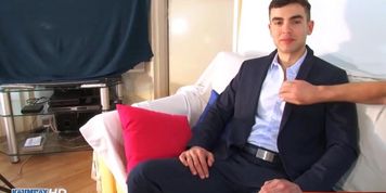In suit hot banker gets wanked his big dick by guys in spite of him.