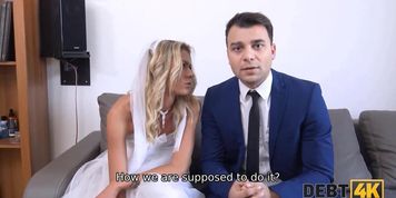 DEBT4k. Curly blonde is enjoying sex while cuckold groom is watching