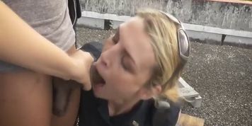 Public face sitting and hardcore interracial threesome with busty MILFs.